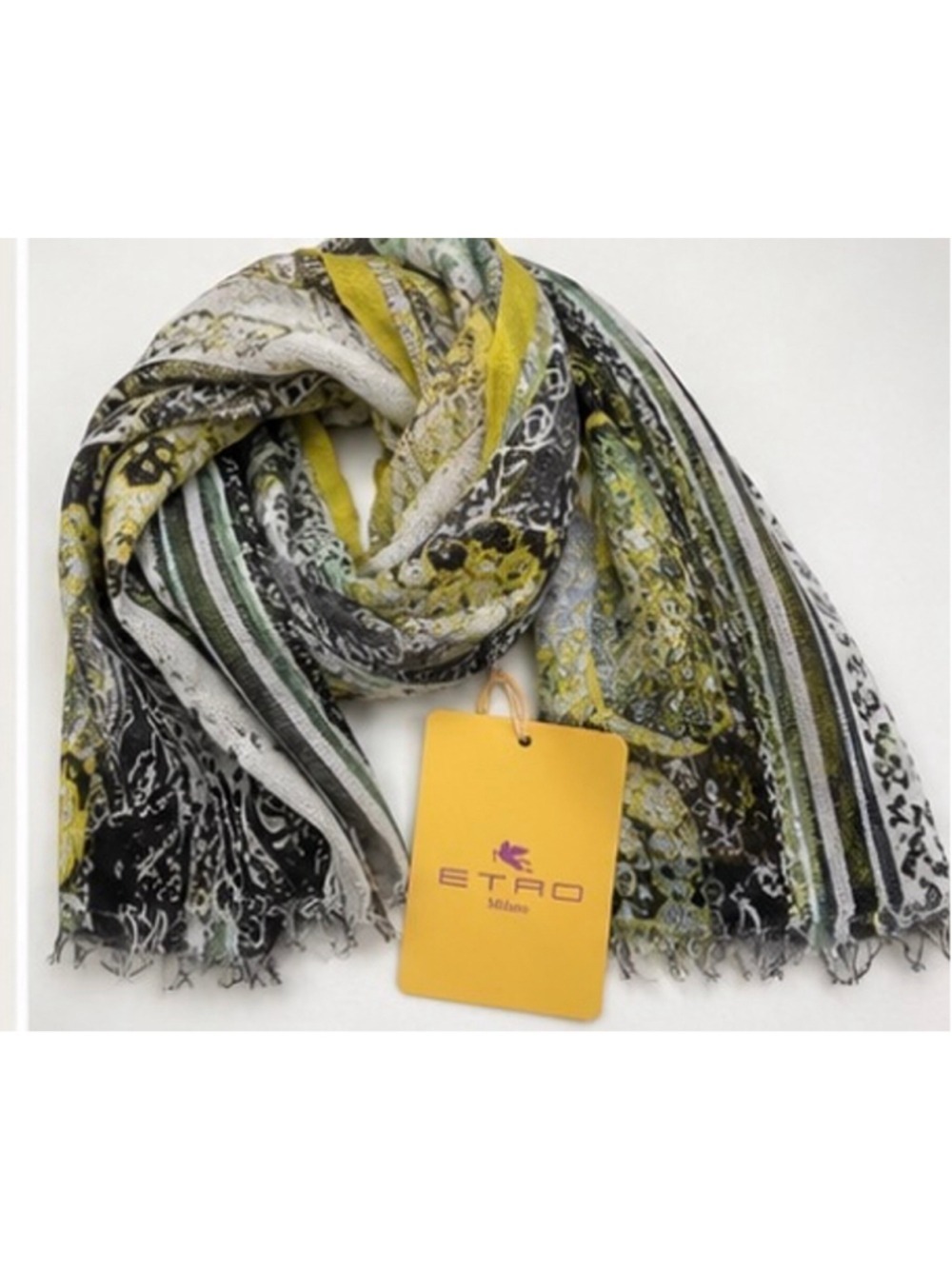 Women's Etro 100% Linen Scarf Yellow Black Paisley Print New Boho